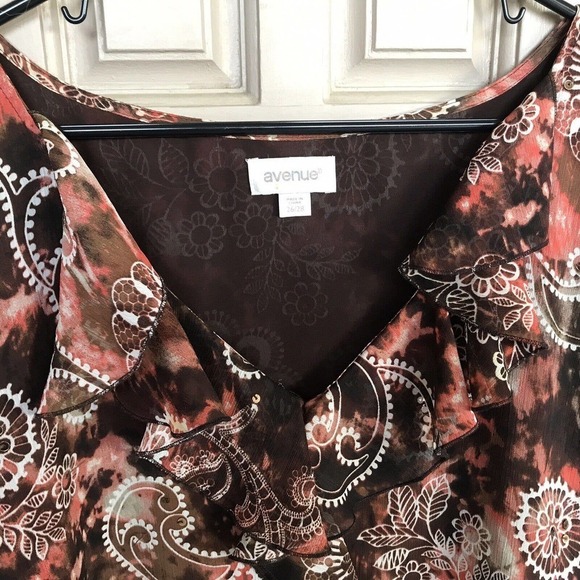 Avenue Tunic Blouse Plus Sz26/28 Earthtones Ruffle Neckline Lined Pre-Ownedt - Picture 10 of 10